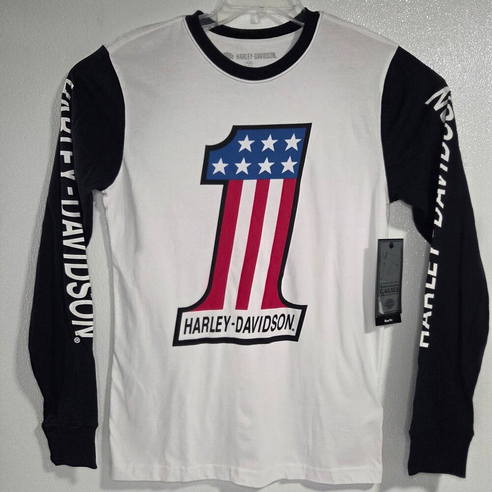 Harley Davidson Men's #1 Logo Colorblock Long Sleeve T-shirt Black White NWT